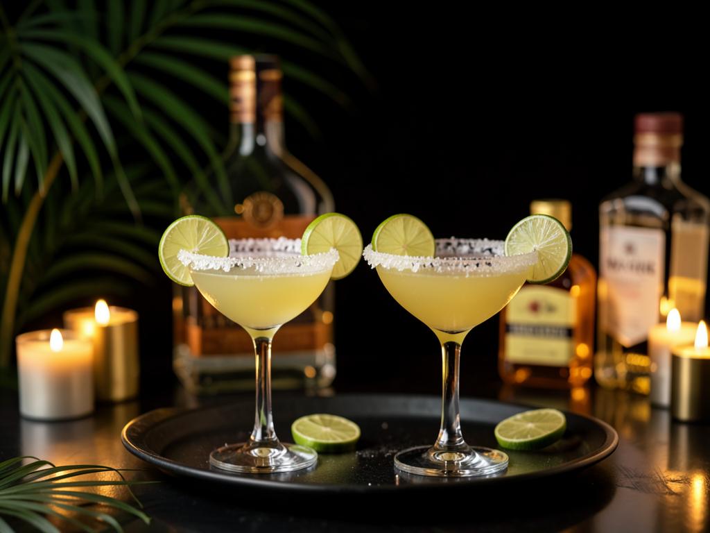 Salt-rimmed margaritas by candlelight