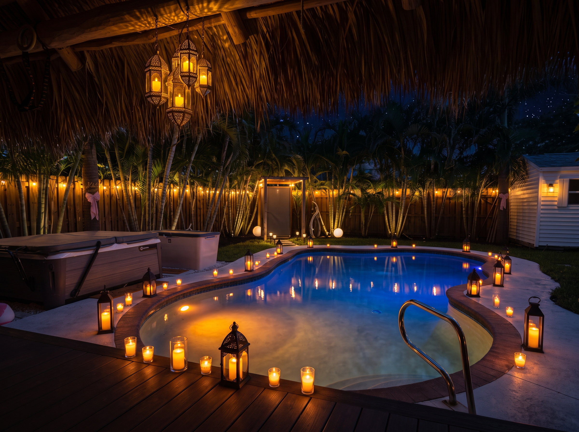 The candlelit pool glowing under the tiki hut at night