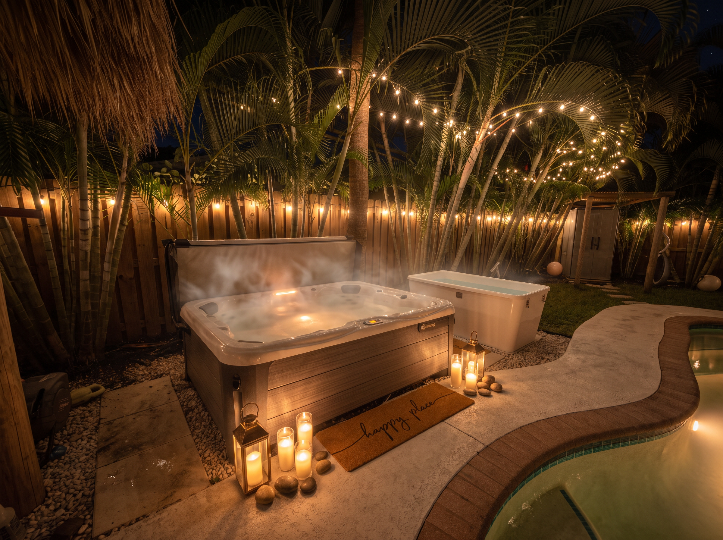 Steaming hot tub and cold plunge under the palms at night